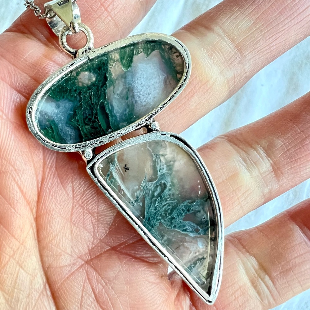 925 Earth Stone Moss Agate Pendant Necklace - Picture 6 of 7